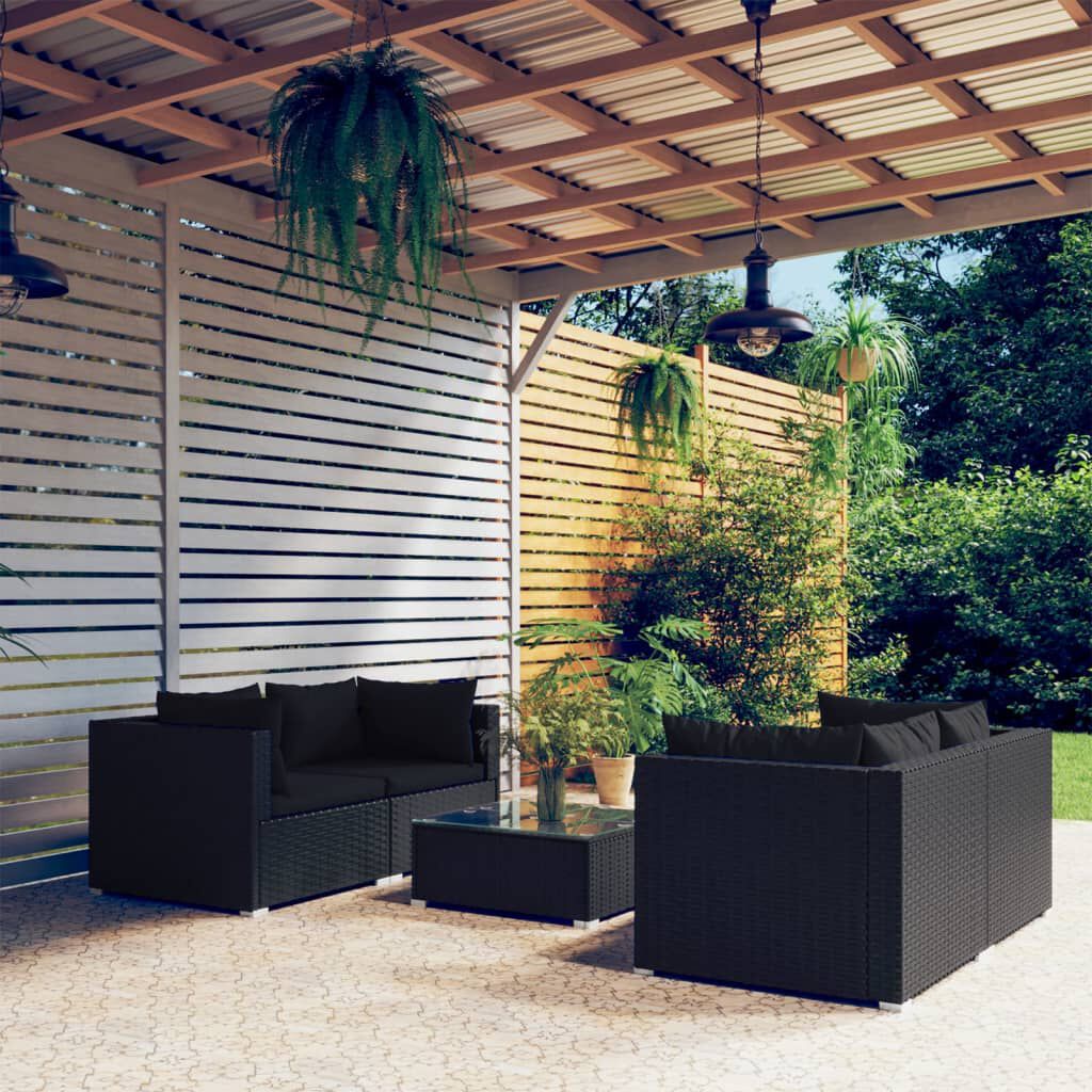 vidaXL 5 Piece Garden Lounge Set with Cushions Poly Rattan Black