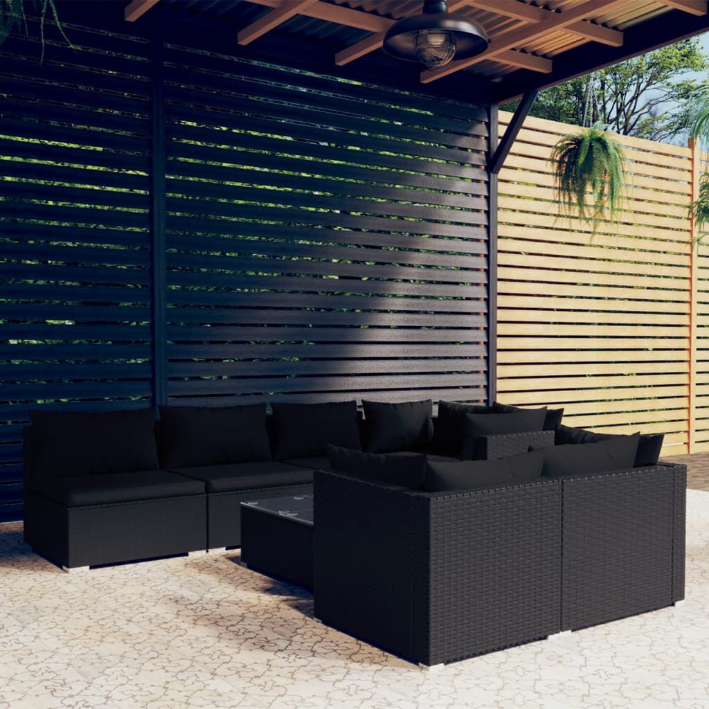 vidaXL 8 Piece Garden Lounge Set with Cushions Black Poly Rattan