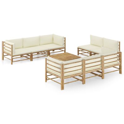 vidaXL 9 Piece Garden Lounge Set with Cream White Cushions Bamboo, cream vidaXL 9 Piece Garden Lounge Set with Cream White Cushions Bamboo