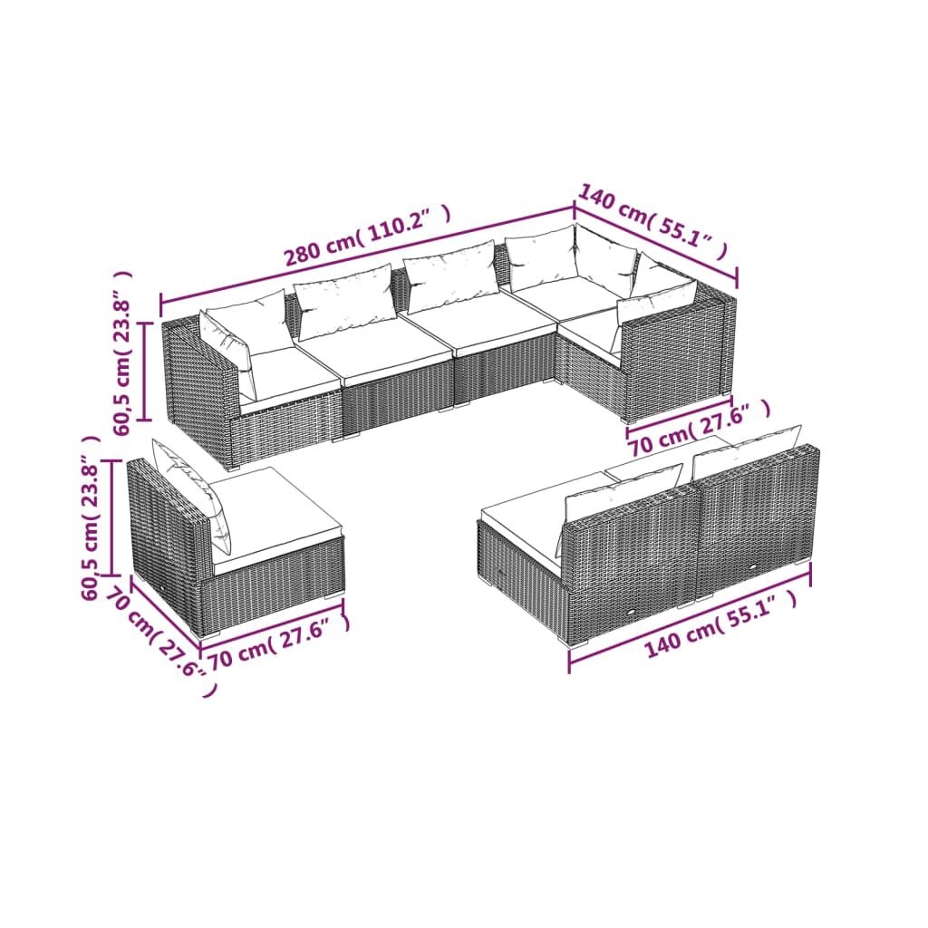 vidaXL 8 Piece Garden Lounge Set with Cushions Poly Rattan Black