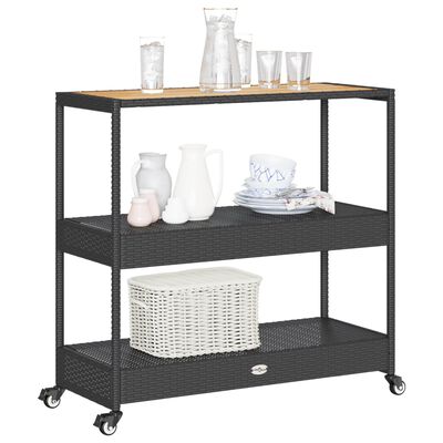 vidaXL Bar Cart 3-Tier Black Poly Rattan and Solid Wood Acacia, black and brown vidaXL Bar Cart 3-Tier Black Poly Rattan and Solid Wood Acacia