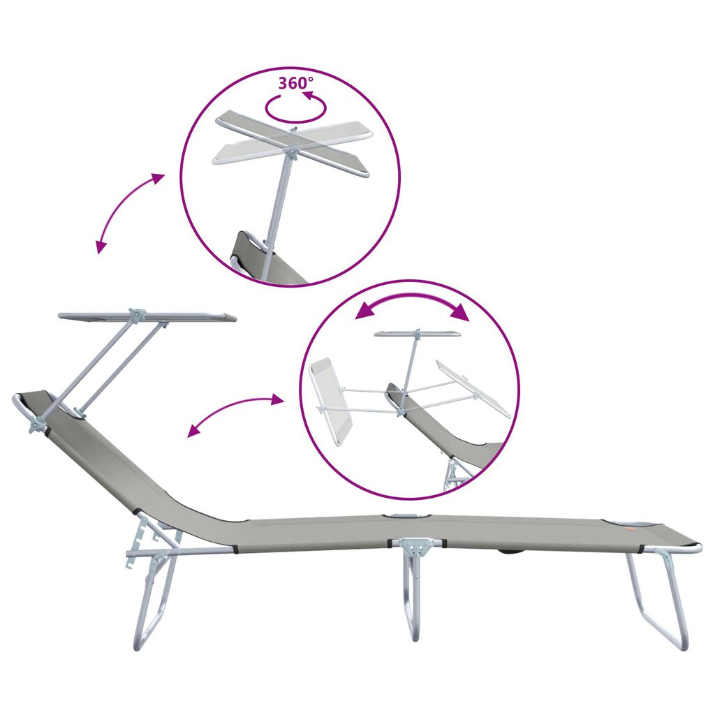 vidaXL Folding Sun Lounger with Canopy Steel Grey