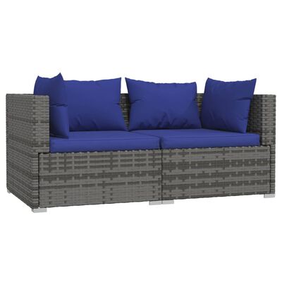 vidaXL 3 Piece Garden Lounge Set with Cushions Grey Poly Rattan, grey and dark blue vidaXL 3 Piece Garden Lounge Set with Cushions Grey Poly Rattan