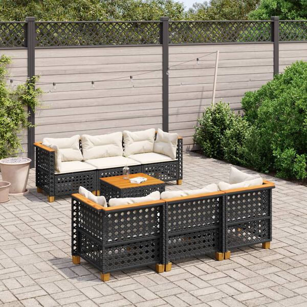 vidaXL 7 Piece Garden Sofa Set with Cushions Black Poly Rattan