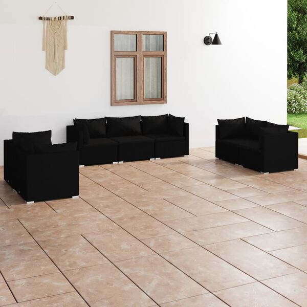 vidaXL 7 Piece Garden Lounge Set with Cushions Poly Rattan Black
