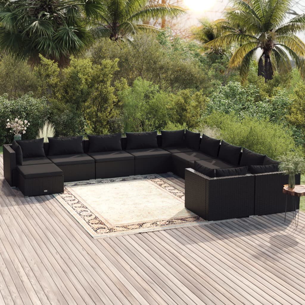 vidaXL 11 Piece Garden Lounge Set with Cushions Poly Rattan Black