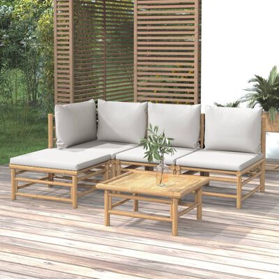 vidaXL 5 Piece Garden Lounge Set with Light Grey Cushions Bamboo,  vidaXL 5 Piece Garden Lounge Set with Light Grey Cushions Bamboo