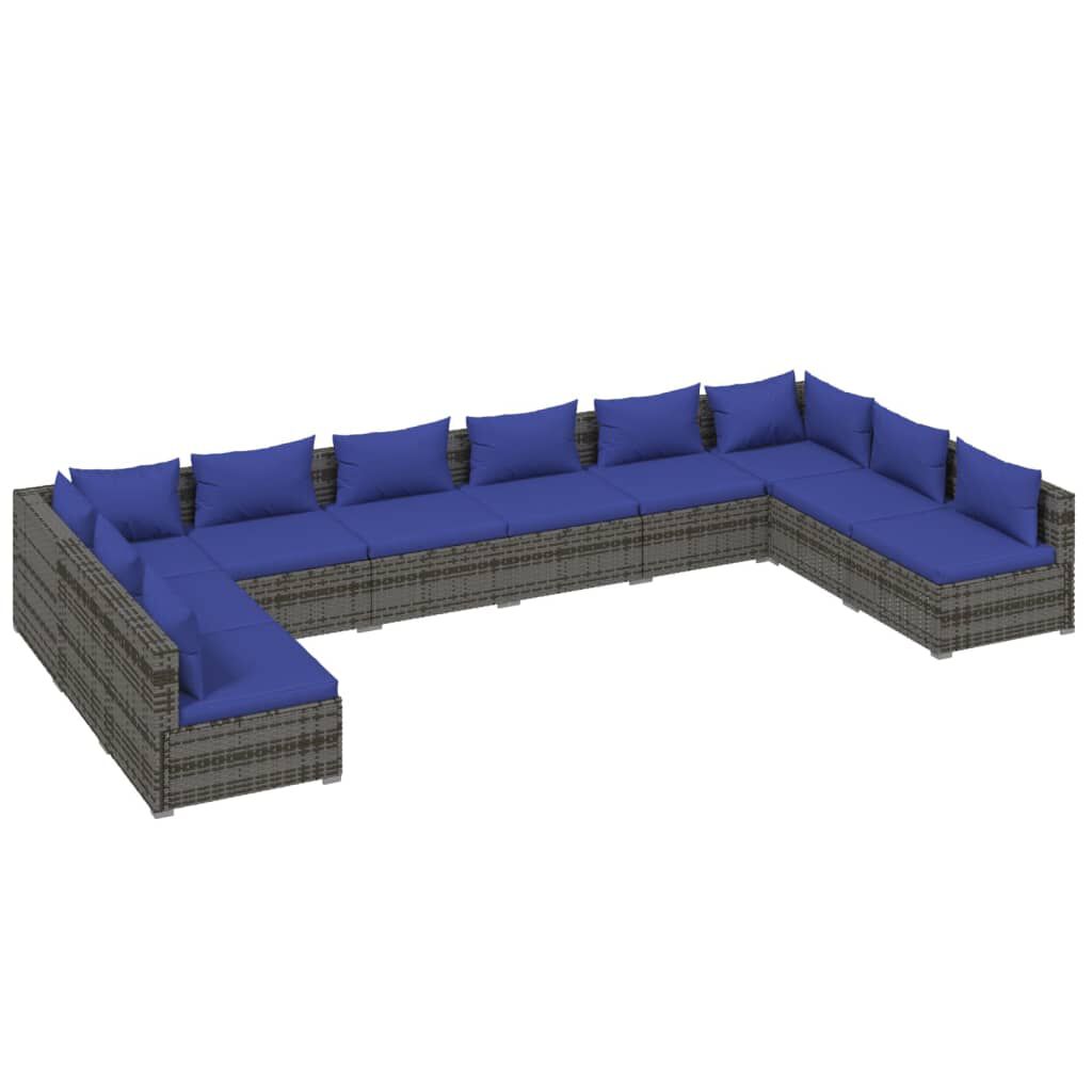 vidaXL 10 Piece Garden Lounge Set with Cushions Poly Rattan Grey