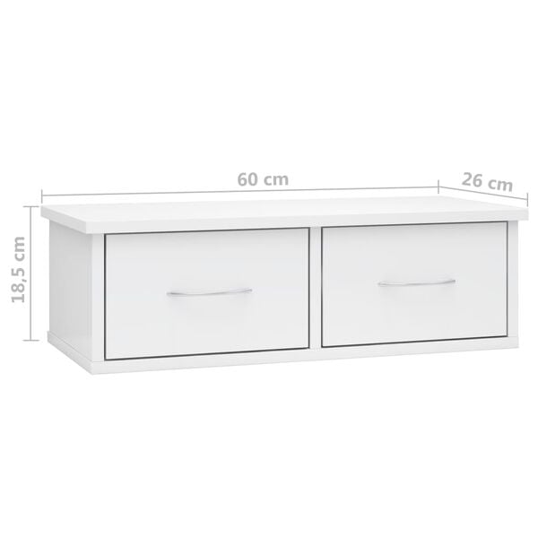 vidaXL Wall-mounted Drawer Shelf High Gloss White 60x26x18.5 cm Engineered Wood