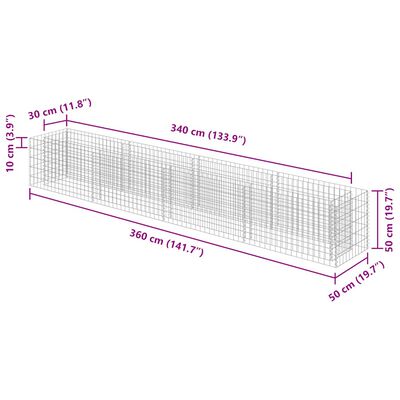 vidaXL Gabion Raised Bed Galvanised Steel 360x50x50 cm,  vidaXL Gabion Raised Bed Galvanised Steel 360x50x50 cm