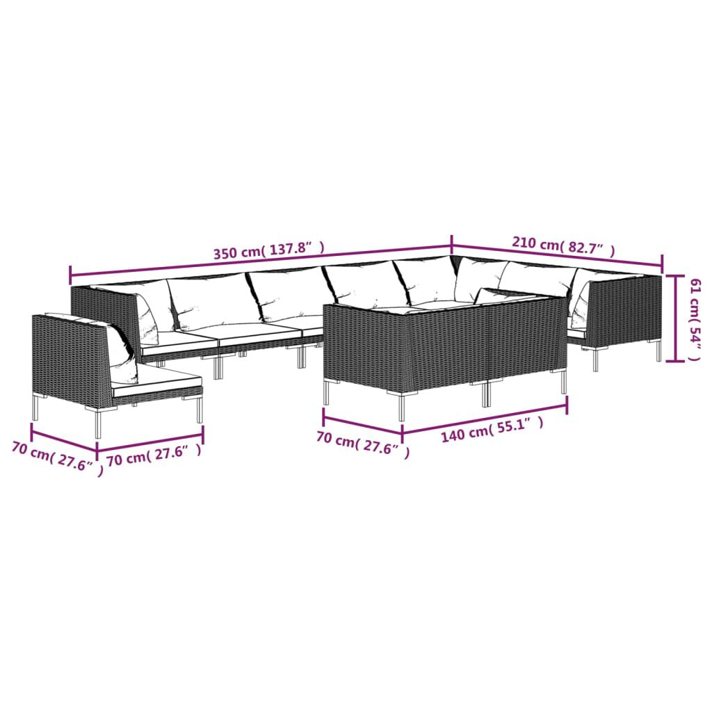 vidaXL 10 Piece Garden Lounge Set with Cushions Poly Rattan Dark Grey
