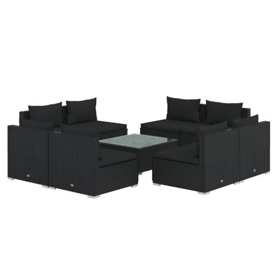 vidaXL 9 Piece Garden Lounge Set with Cushions Poly Rattan Black, black vidaXL 9 Piece Garden Lounge Set with Cushions Poly Rattan Black