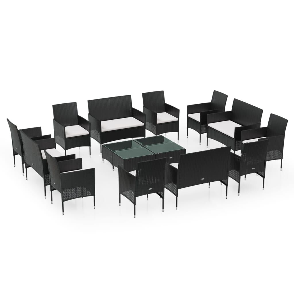 vidaXL 16 Piece Garden Lounge Set with Cushions Poly Rattan Black