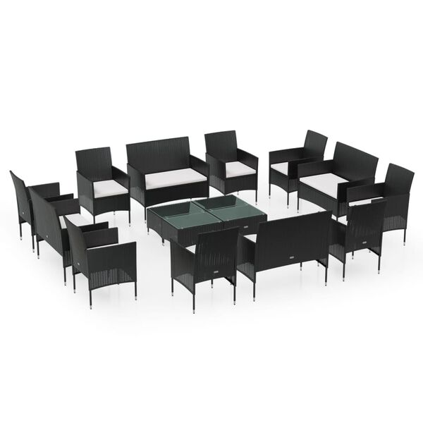 vidaXL 16 Piece Garden Lounge Set with Cushions Poly Rattan Black