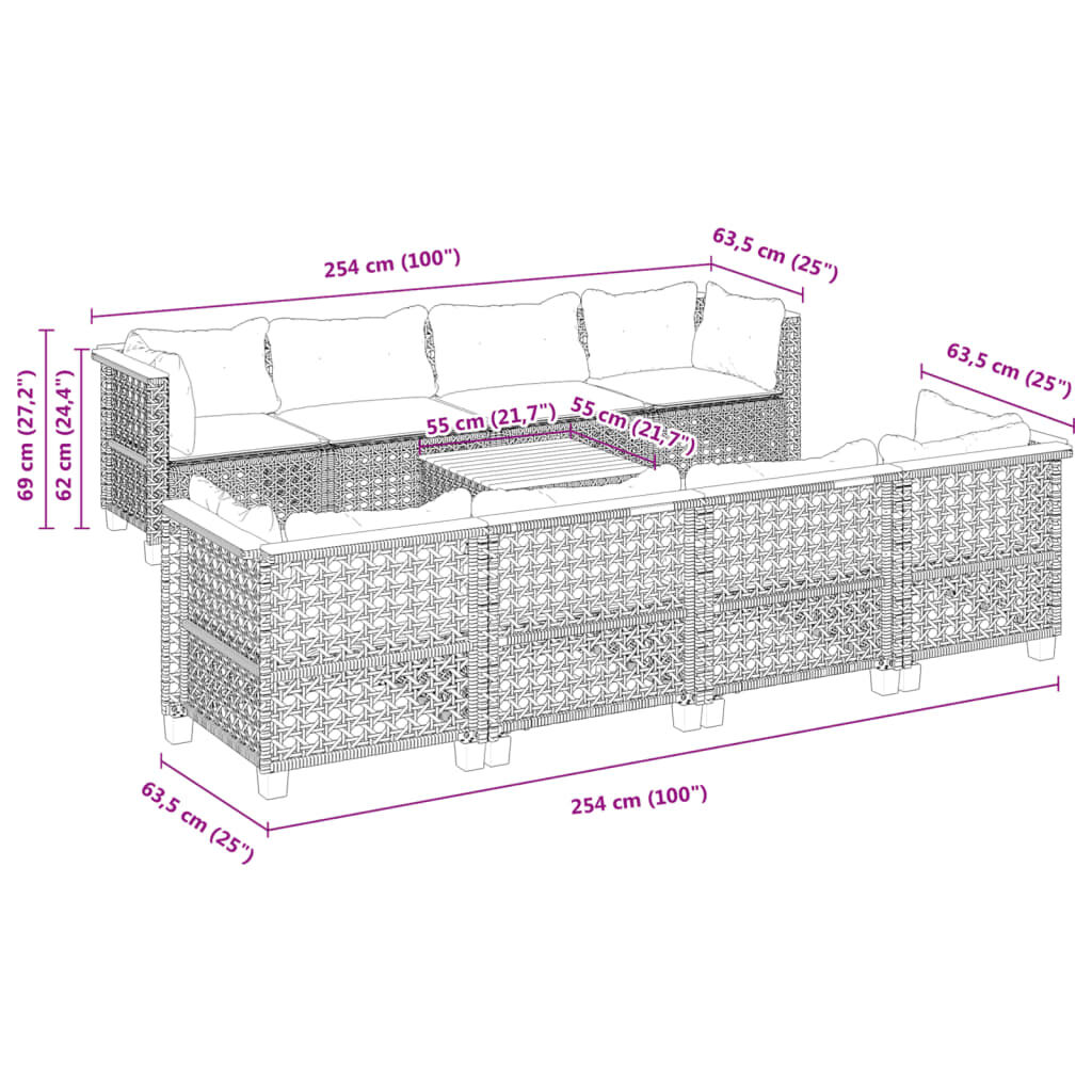 vidaXL 9 Piece Garden Sofa Set with Cushions Grey Poly Rattan