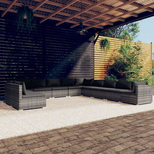 vidaXL 11 Piece Garden Lounge Set with Cushions Grey Poly Rattan
