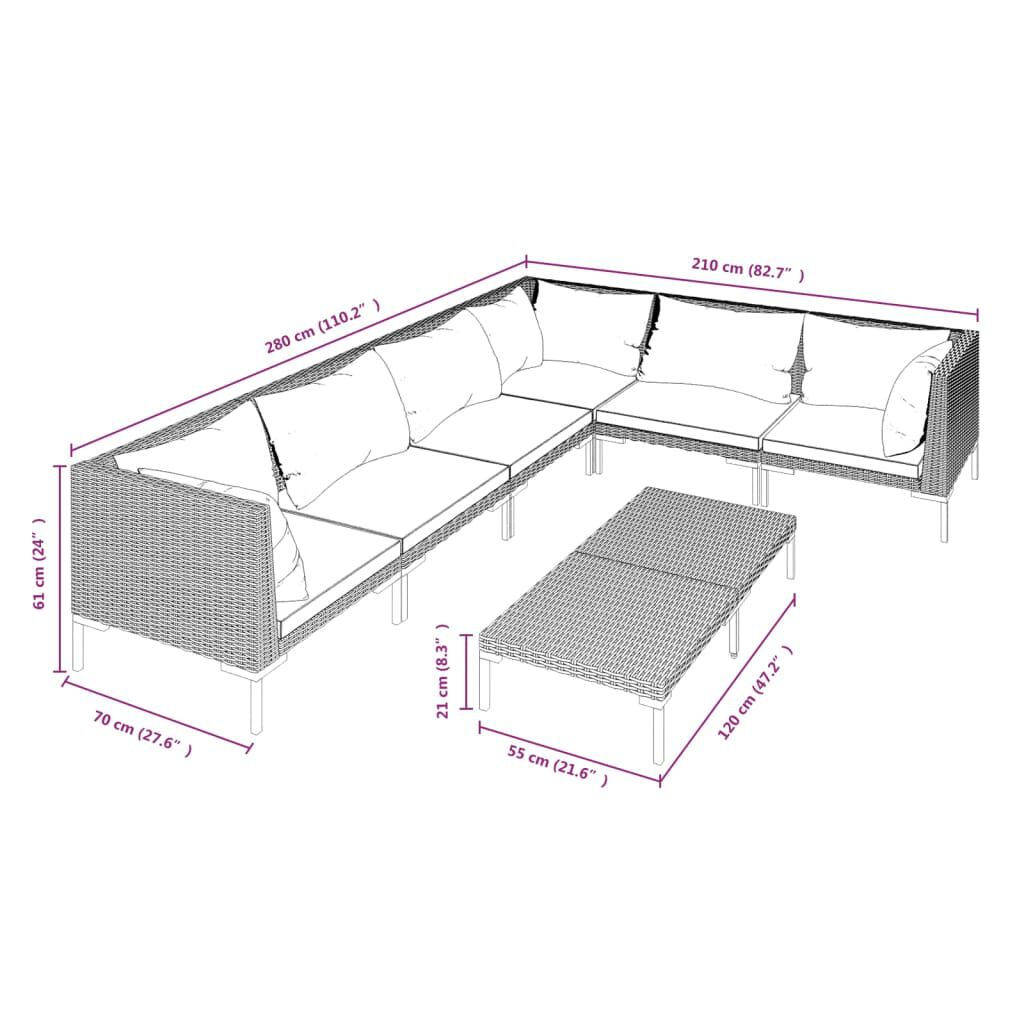 vidaXL 7 Piece Garden Lounge Set with Cushions Poly Rattan Dark Grey