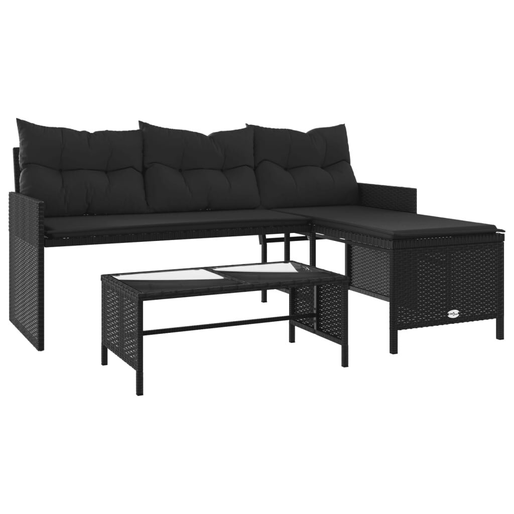 vidaXL Garden Sofa with Table and Cushions L-Shaped Black Poly Rattan