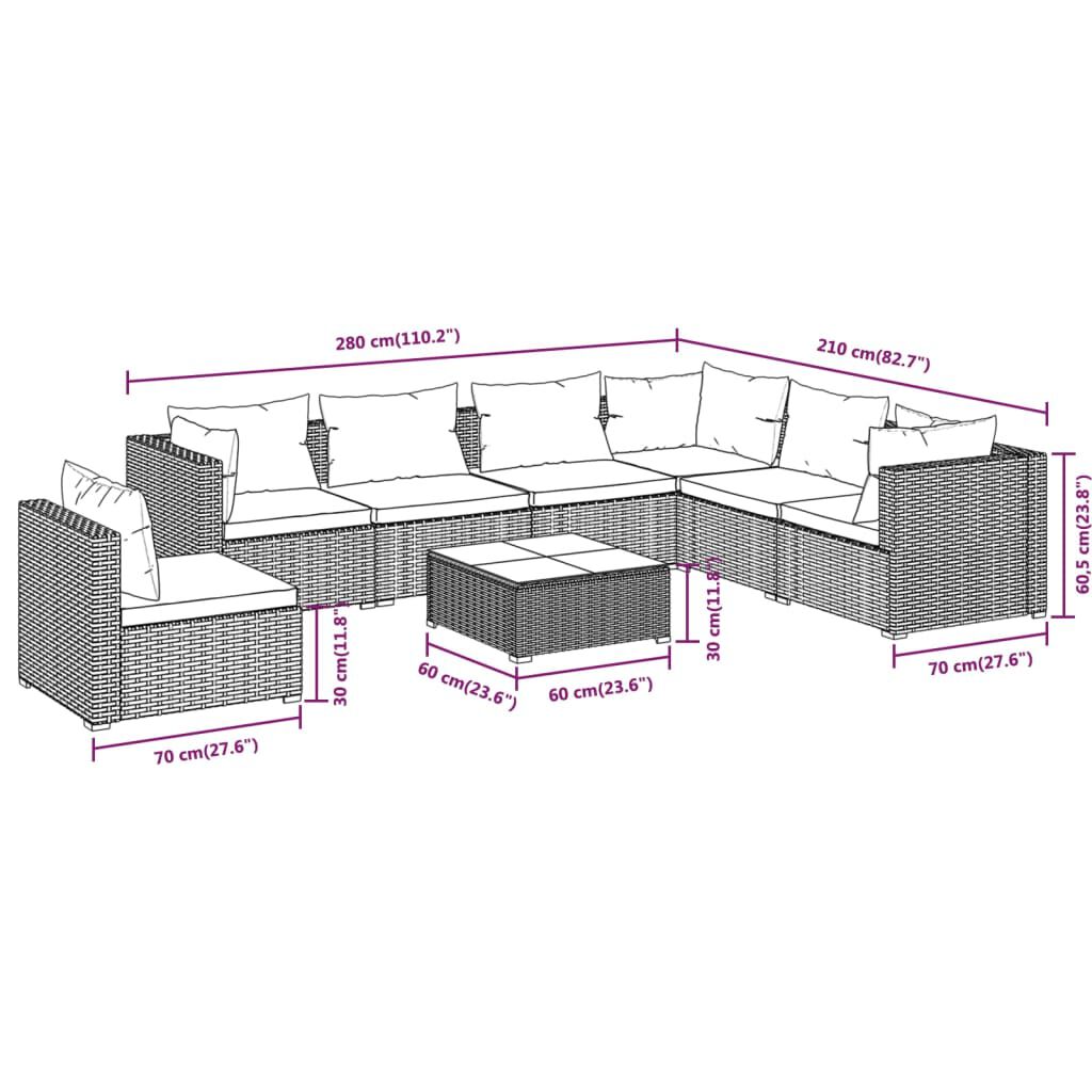 vidaXL 8 Piece Garden Lounge Set with Cushions Poly Rattan Black