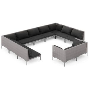 vidaXL 11 Piece Garden Lounge Set with Cushions Poly Rattan Dark Grey