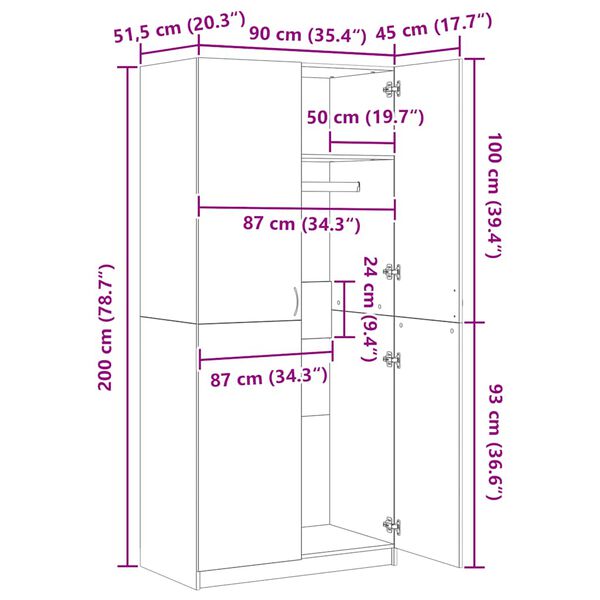 vidaXL Wardrobe White 90x52x200 cm Engineered Wood