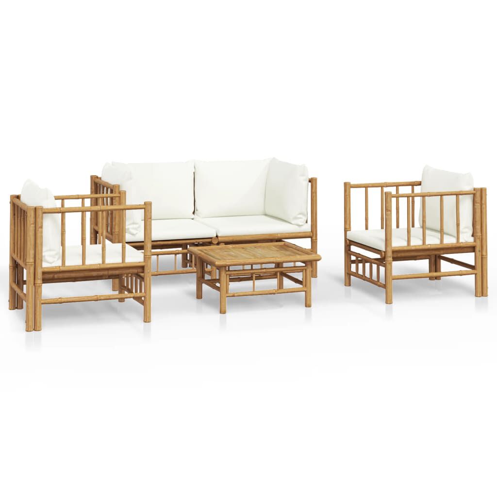 vidaXL 5 Piece Garden Lounge Set with Cream White Cushions Bamboo