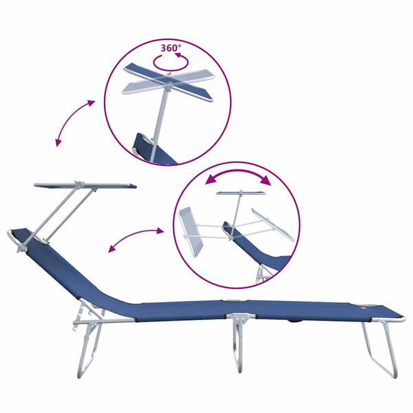 vidaXL Folding Sun Lounger with Canopy Steel and Fabric Blue