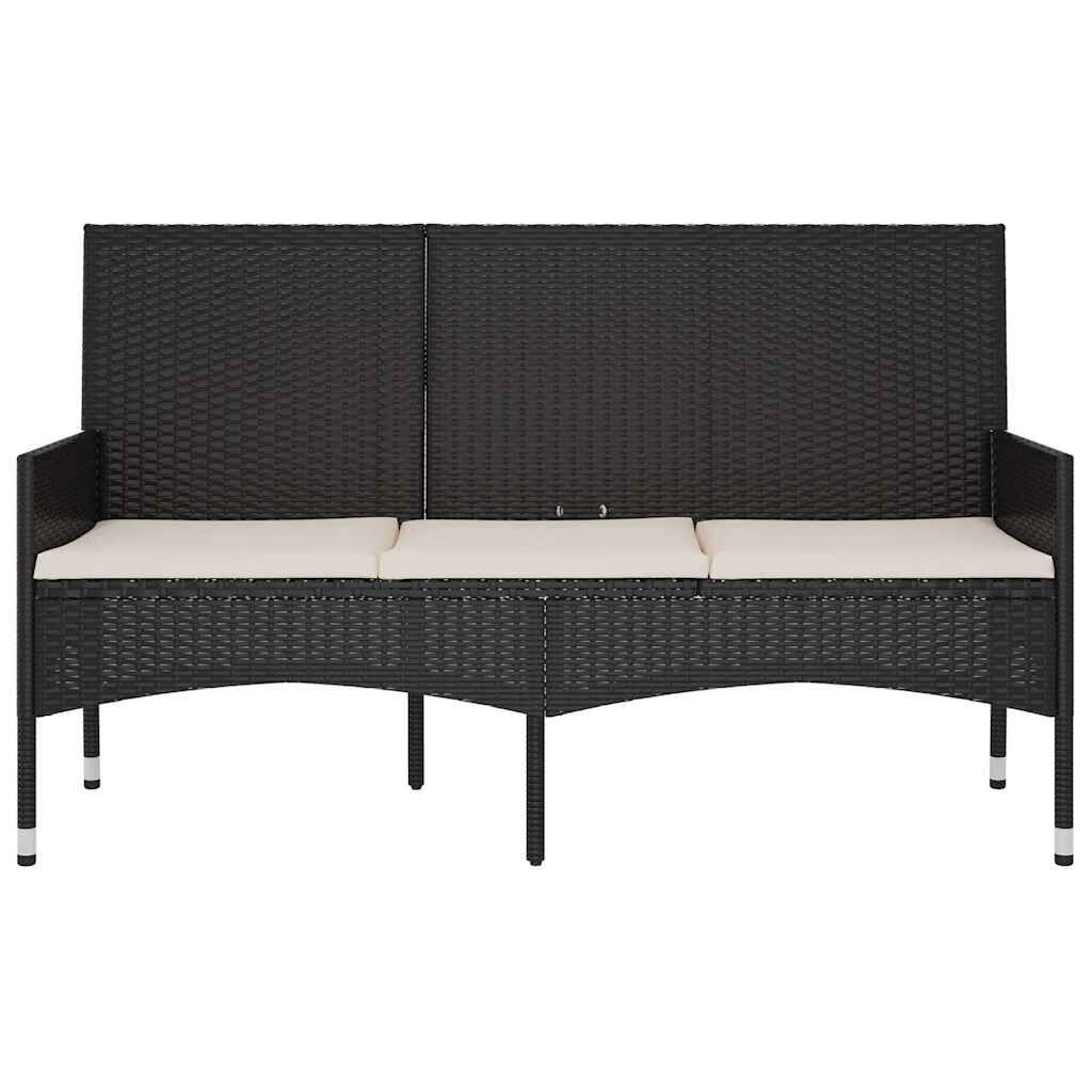 vidaXL 3-Seater Garden Bench with Cushions Black Poly Rattan