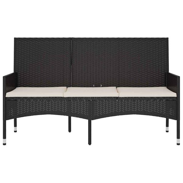 vidaXL 3-Seater Garden Bench with Cushions Black Poly Rattan