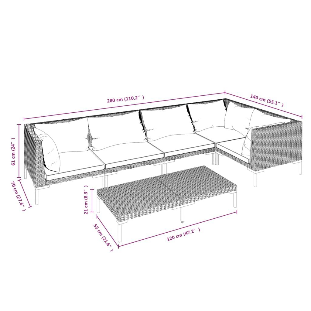 vidaXL 6 Piece Garden Lounge Set with Cushions Poly Rattan Dark Grey