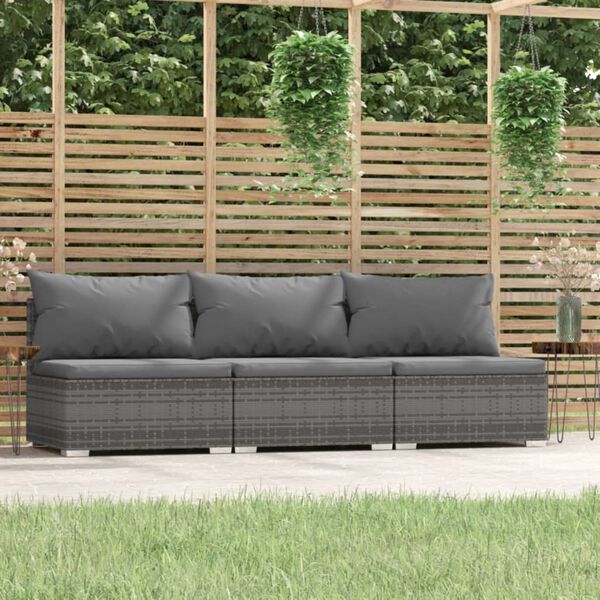 vidaXL 3-Seater Sofa with Cushions Grey Poly Rattan