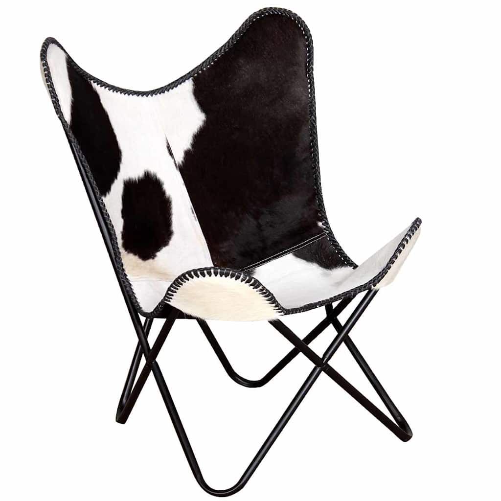 vidaXL Butterfly Chair Black and White Real Cowhide Leather