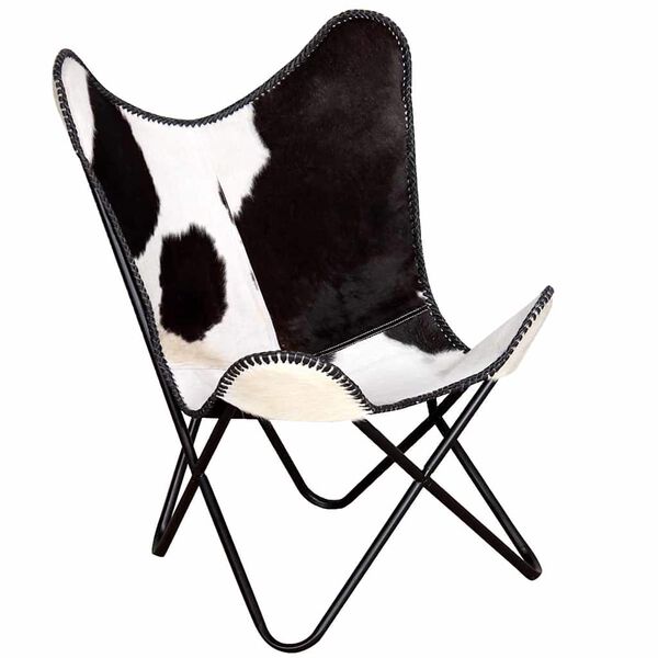 vidaXL Butterfly Chair Black and White Real Cowhide Leather