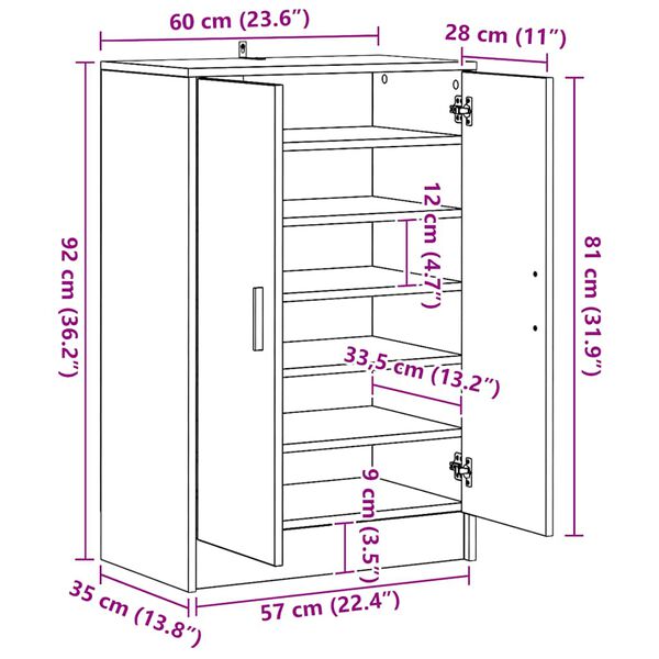 vidaXL Shoe Cabinet White 60x35x92 cm Engineered Wood