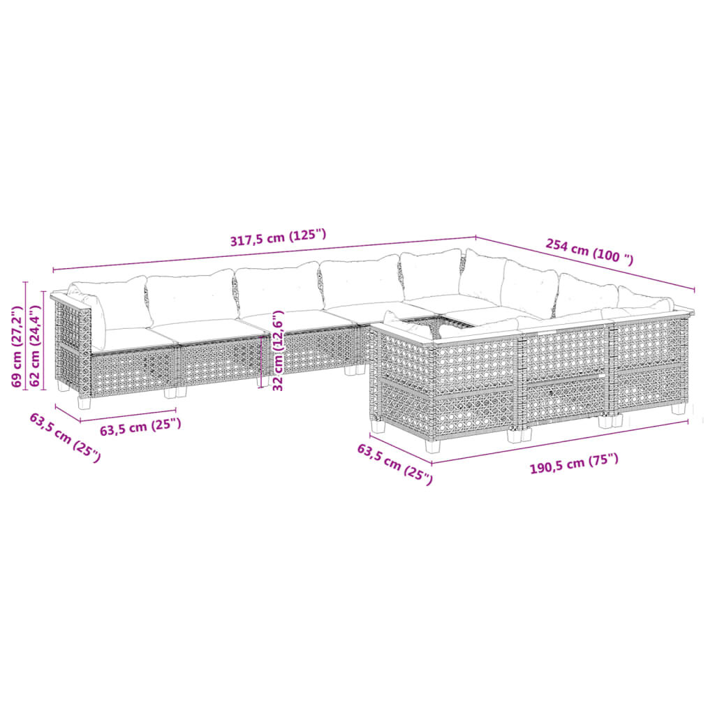 vidaXL 10 Piece Garden Sofa Set with Cushions Grey Poly Rattan