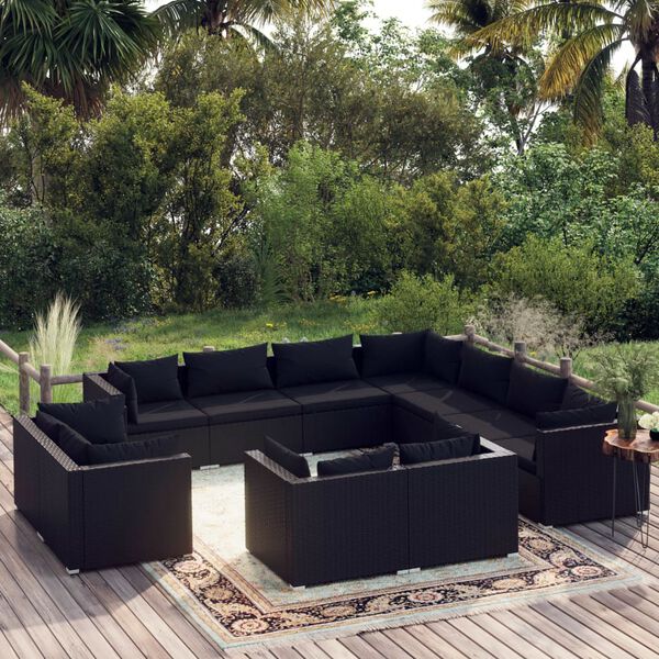 vidaXL 11 Piece Garden Lounge Set with Cushions Black Poly Rattan