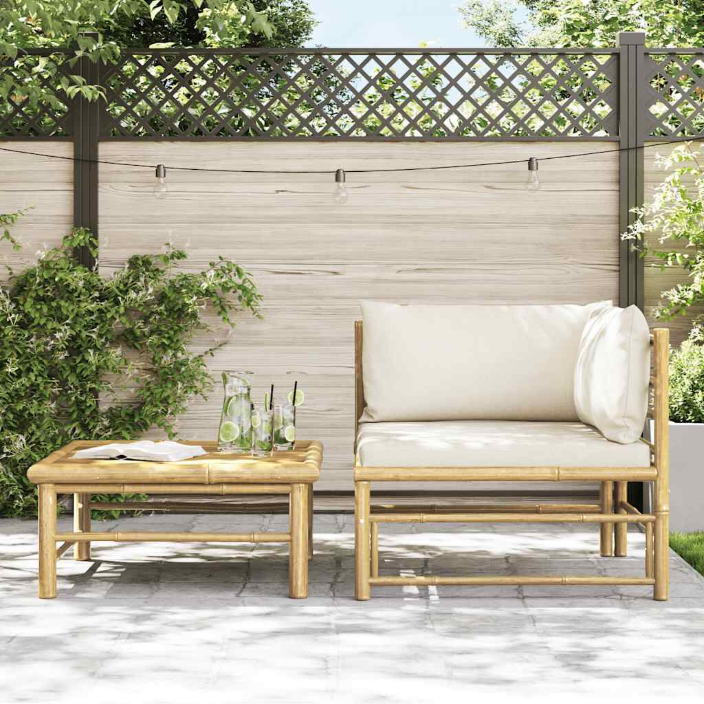 vidaXL 2 Piece Garden Lounge Set with Cream White Cushions Bamboo