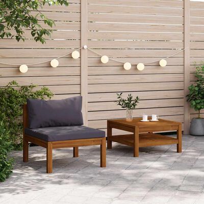 vidaXL 2 Piece Garden Sofa Set with Dark Grey Cushions Acacia Wood, dark grey vidaXL 2 Piece Garden Sofa Set with Dark Grey Cushions Acacia Wood