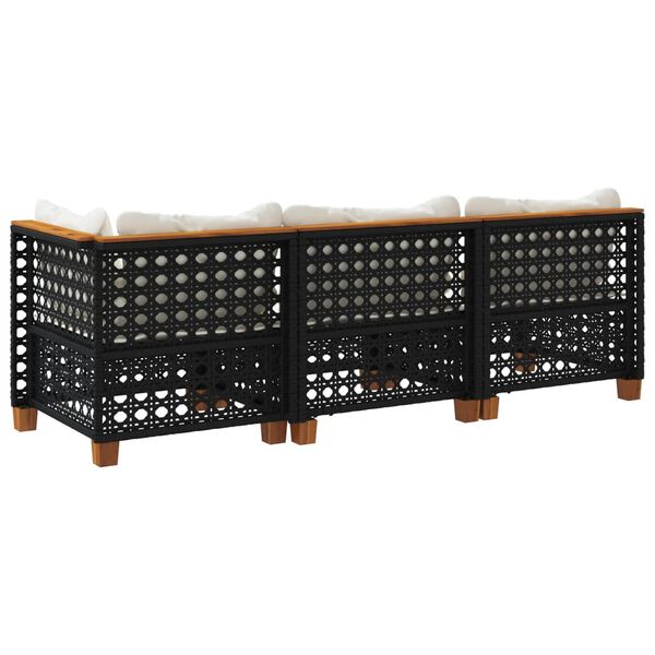 vidaXL Garden Sofa with Cushions 3-Seater Black Poly Rattan