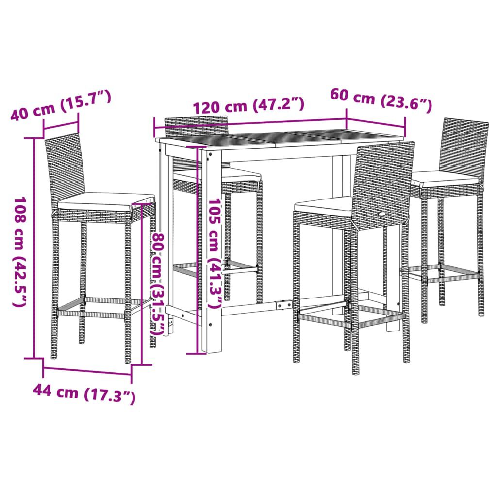 vidaXL 5 Piece Garden Bar Set Grey Solid Wood Acacia and Poly Rattan