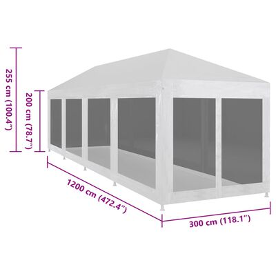 vidaXL Party Tent with 10 Mesh Sidewalls 12x3 m, white vidaXL Party Tent with 10 Mesh Sidewalls 12x3 m