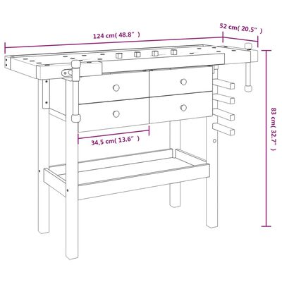 vidaXL Workbench with Drawers and Vices 124x52x83 cm Solid Wood Acacia,  vidaXL Workbench with Drawers and Vices 124x52x83 cm Solid Wood Acacia