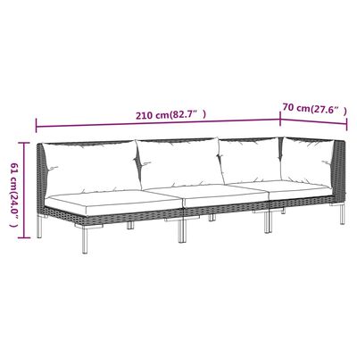 vidaXL 3 Piece Garden Lounge Set Dark Grey Half Round Poly Rattan