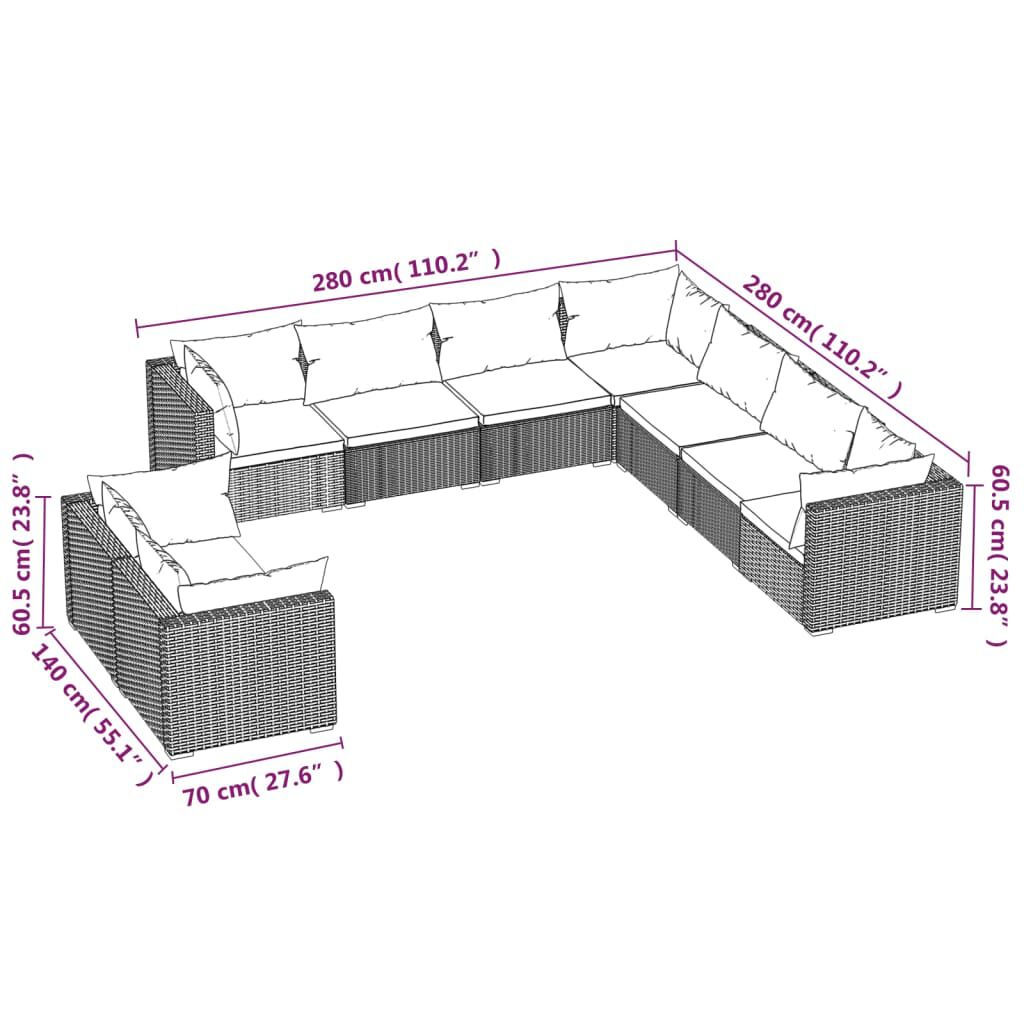 vidaXL 9 Piece Garden Lounge Set with Cushions Grey Poly Rattan