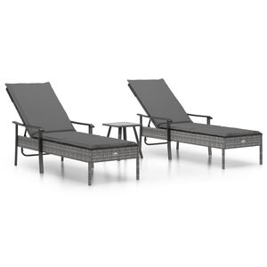 vidaXL Sun Loungers 2 pcs with Table and Cushions Grey Poly Rattan