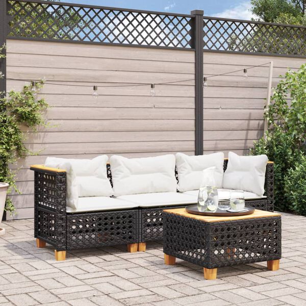 vidaXL Garden Sofa with Cushions 3-Seater Black Poly Rattan
