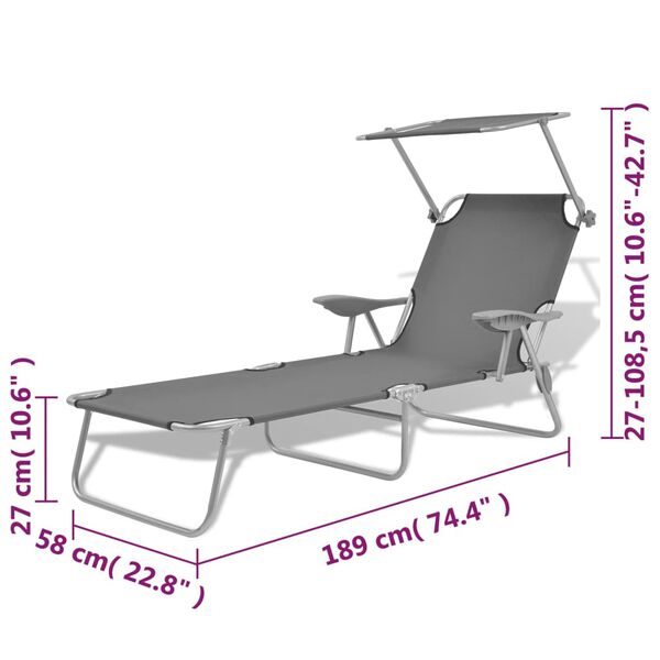 vidaXL Sun Lounger with Canopy Steel Grey