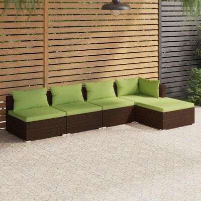vidaXL 5 Piece Garden Lounge Set with Cushions Poly Rattan Brown, brown and green vidaXL 5 Piece Garden Lounge Set with Cushions Poly Rattan Brown
