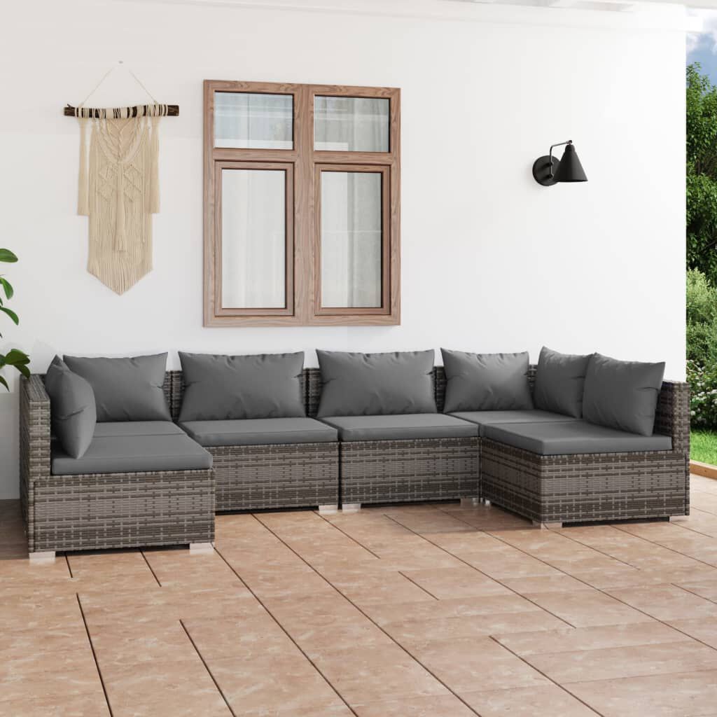 vidaXL 6 Piece Garden Lounge Set with Cushions Poly Rattan Grey
