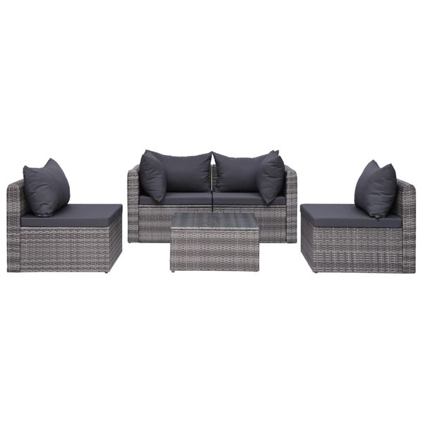 vidaXL 5 Piece Garden Sofa Set with Cushions & Pillows Poly Rattan Grey